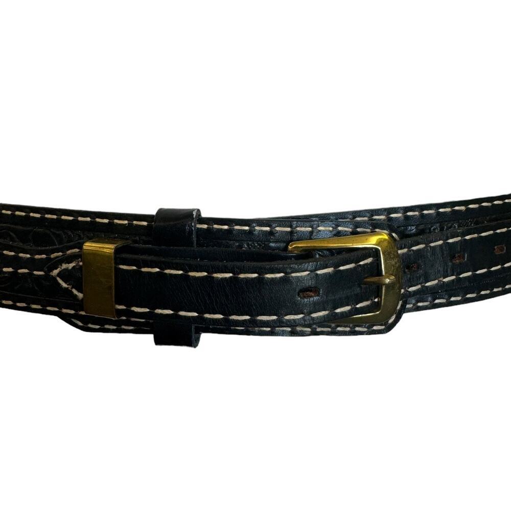 Vintage Tony Llama Black Tooled Leather Belt - Picture 2 of 9